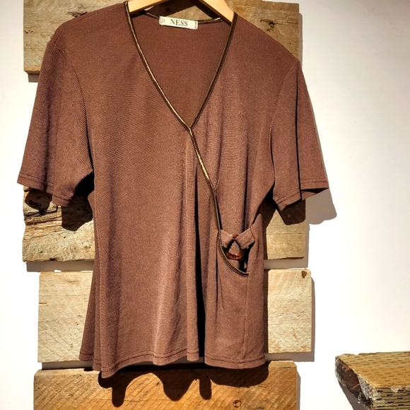 Ness Tops - NESS Brown V-Neck Short Sleeve Top